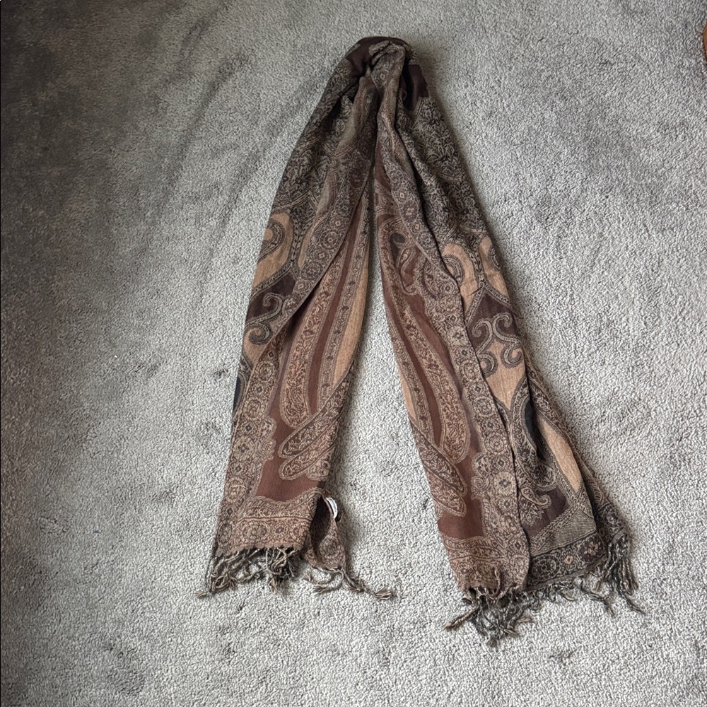 Croft & Barrow Brown Paisley Scarf Fringe Wrap Boho Lightweight Shawl OS